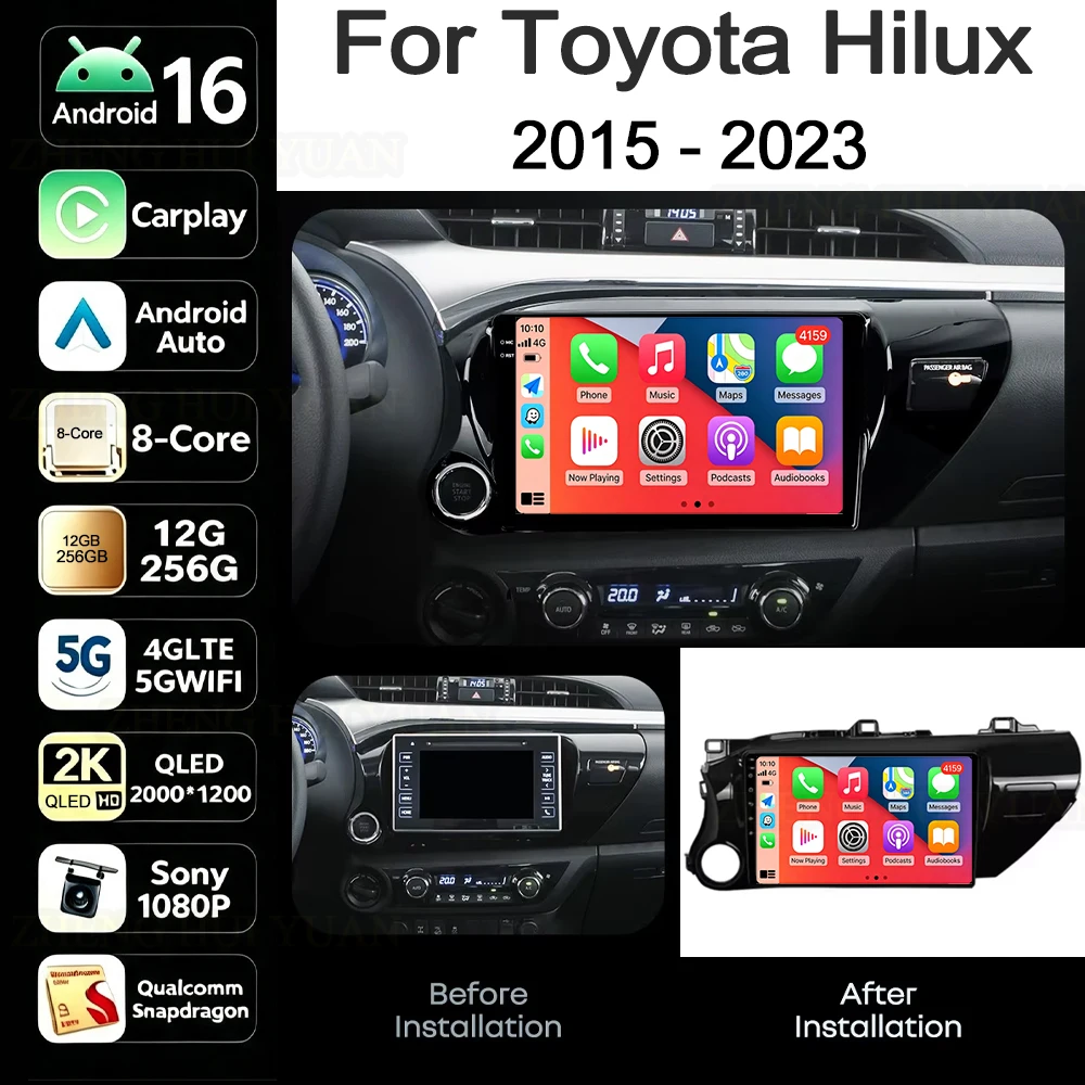 For Toyota Hilux LHD 2015 2016 2017 2018 2020 2021 2023 Android 16 Carplay Auto GPS Navigation Radio Multimedia Player 2Din Head