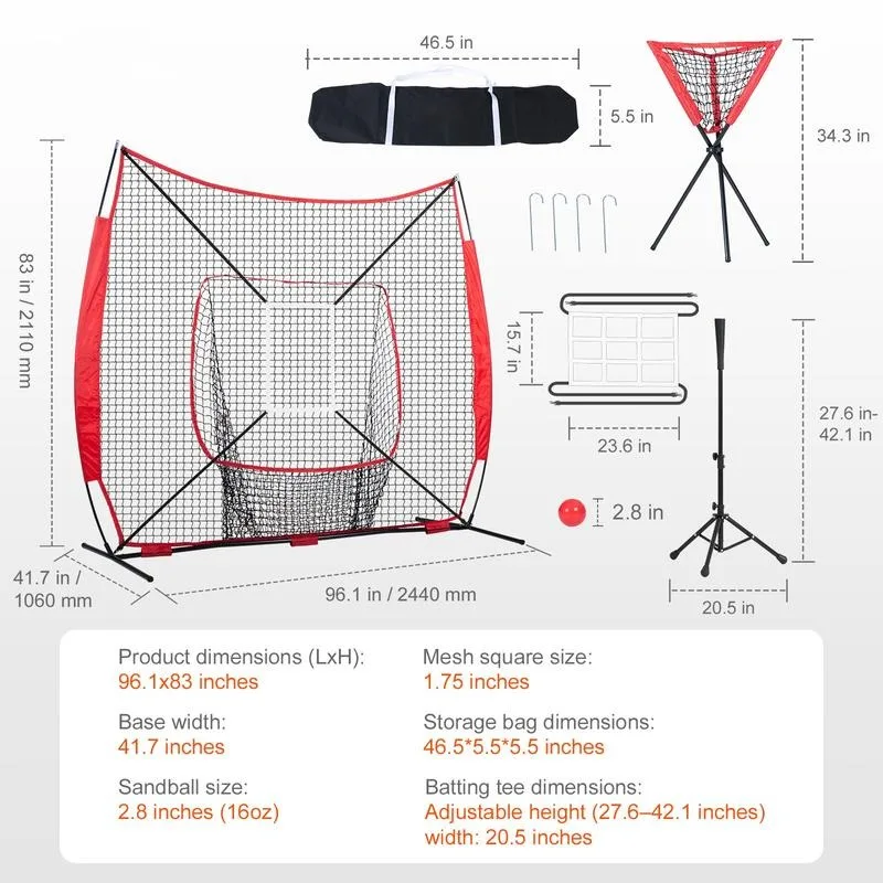 7x7 ft Baseball Softball Practice Net, Portable Baseball Training Net for Hitting Catching Pitching, Backstop Baseball Equipment with Bow Frame, Carry Bag, Strike Zone, Ball, Tee, Ball Collector