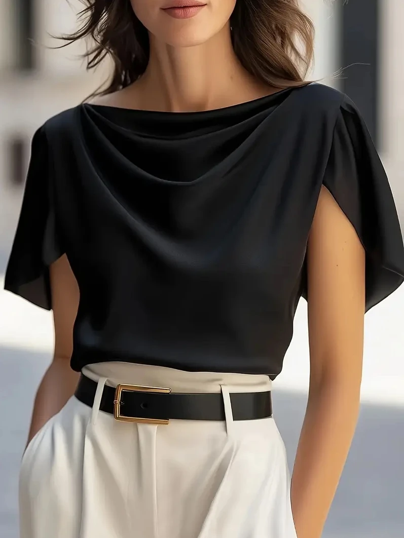 

Женская модная атласная блузка с воротником-хомутом, коротким рукавом и разрезом, элегантный повседневный топ