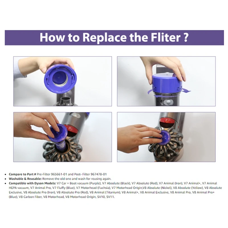 ชิ้นส่วนที่ตัวกรองเครื่องดูดฝุ่นสำหรับ V7 Dyson สัตว์ V8และสุญญากาศสัมบูรณ์เปรียบเทียบกับส่วนที่965661-01และ967478-01