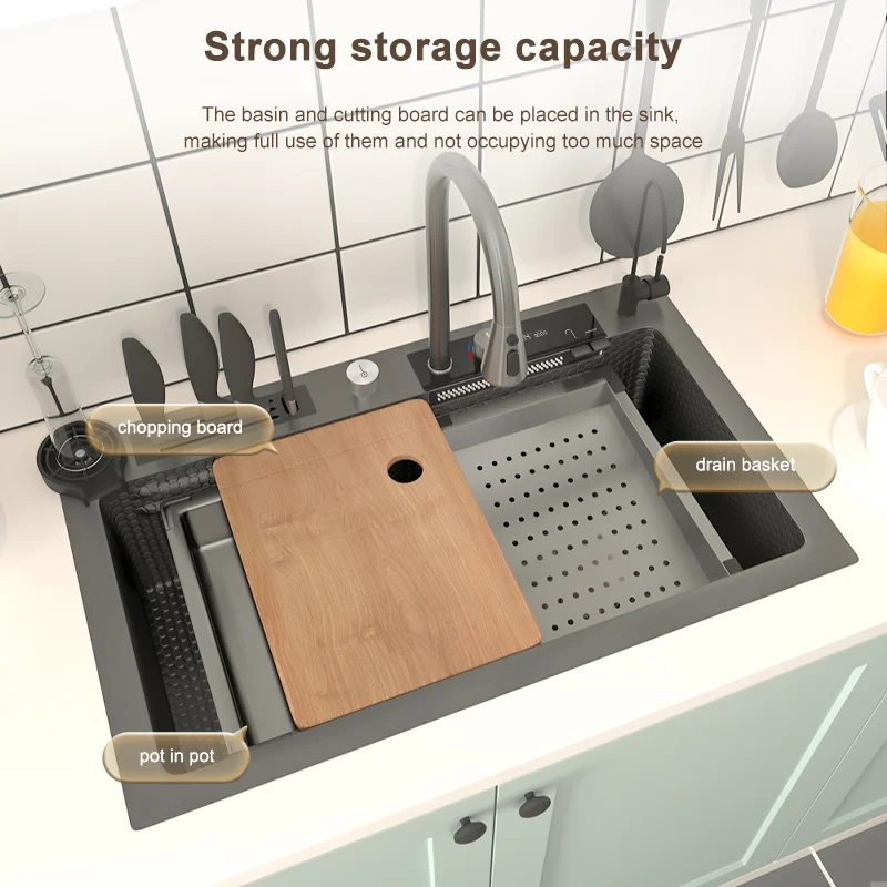 Imagem -02 - Digital Display Waterfall Kitchen Sink Slot Único Grande Nano Aço Inoxidável Undercounter Honeycomb Gravado Lavatório