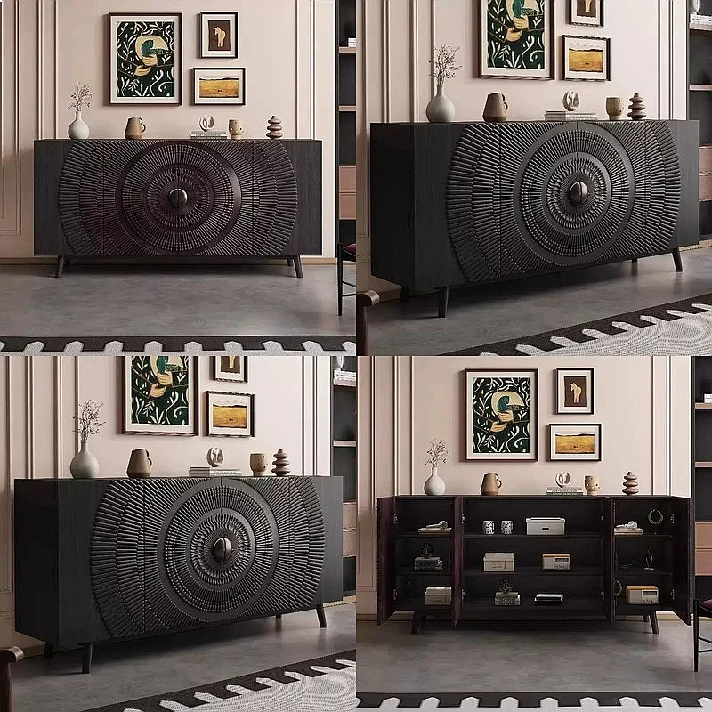 Vintage Italian Art Black Sideboard with Gear Decor, Designer Entryway Storage for Villa