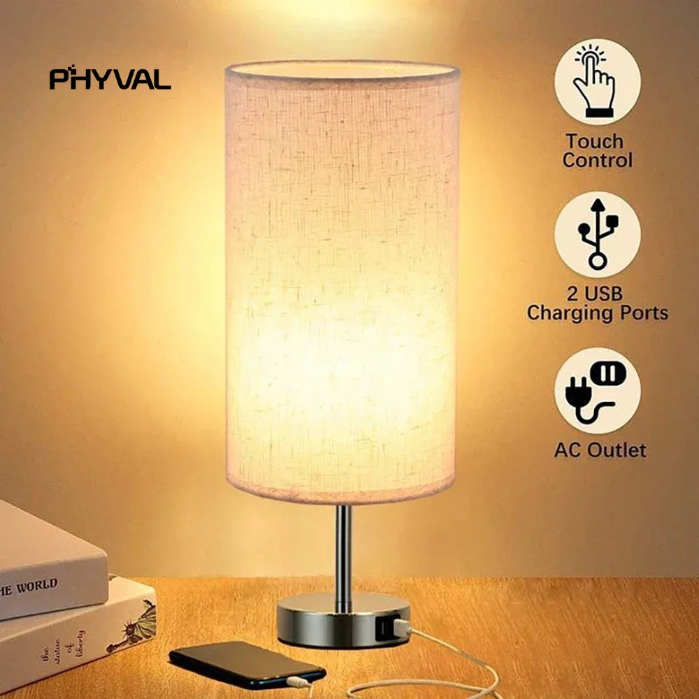 

Modern Table Lamps Faux woodgrain fabric shade Dual USB ports bedside touch 3-speed dimmable table lamps Study living room table