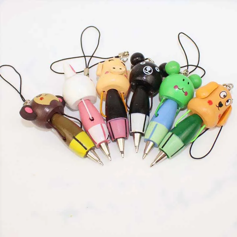 New Cartoon Small Animal Series Wooden Ballpoint Pen Student Stationery Mini Portable Ballpoint Pen Key Chain Pendant