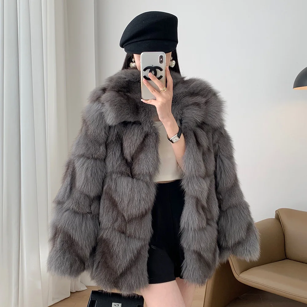 (Fox Beauty) Nuovo cappotto in erba di pelliccia di volpe da donna, taglia media a lunga, pelliccia integrata, stile giovane, cappotto versatile e snellente