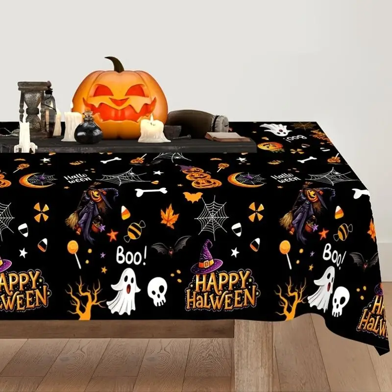 VIKAMA Halloween Reusable Tablecloth Witch Bat Skull Ghost Art Print Table Cover Spooky Theme Party Table Decoration