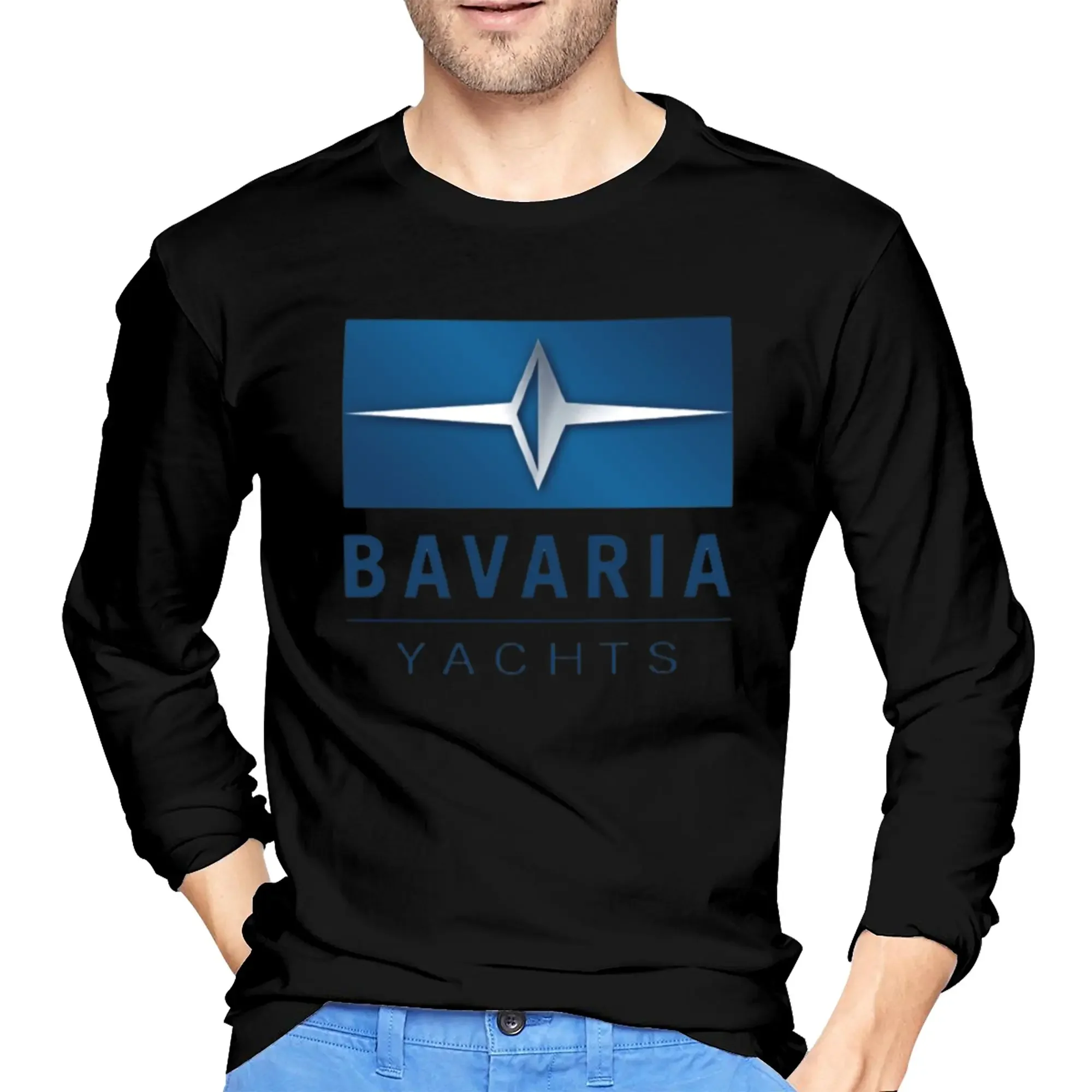

Bavaria Yachts Blue Silver Logo Men's Long Sleeved T-shirt Fashion Round Neck T shirts Spring and Autumn Men tops