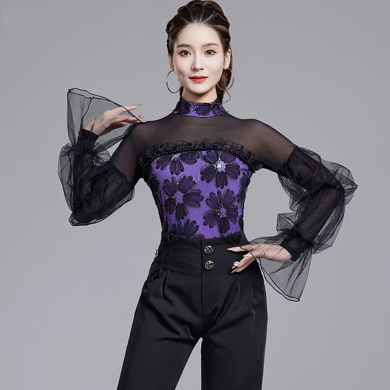 

Женское боди для латинских танцев, новинка 2023 года, сетчатый топ с блестками и длинными рукавами для взрослых, костюм для бальных танцев XH1917