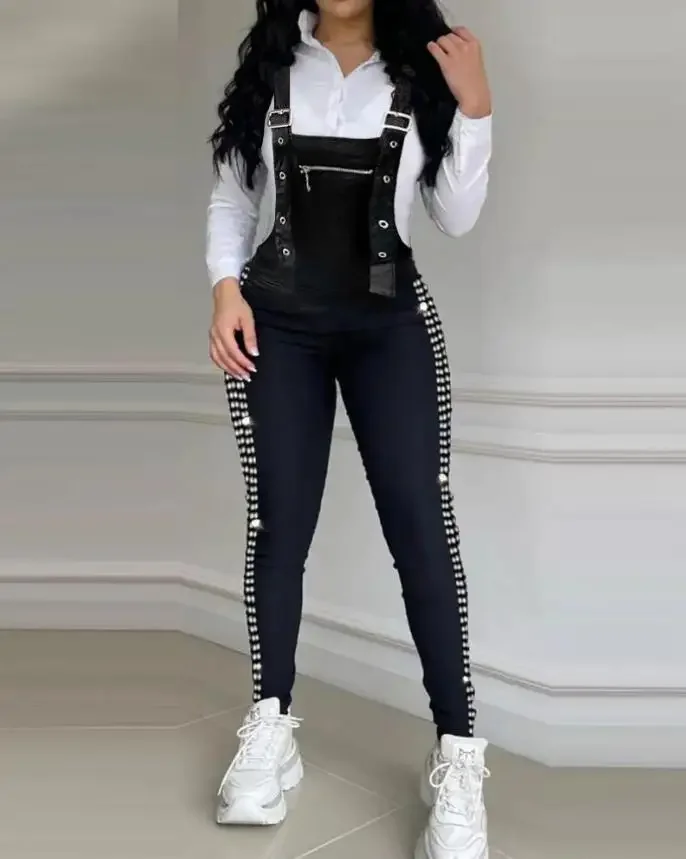 

Rhinestone Decor Buckled Suspender Jumpsuit 2023 Woman Long Jumpsuits Elegant New Fashion Casual