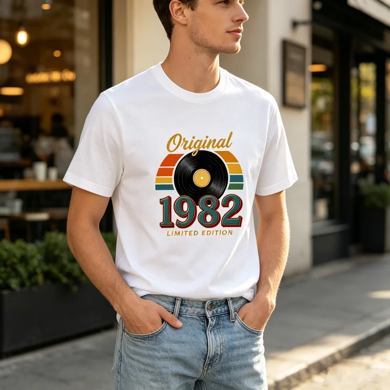Original 1982 Graphic T-Shirt Vintage Vinyl Record Limited Edition Print Black White Cotton Tee Casual Streetwear Men Women
