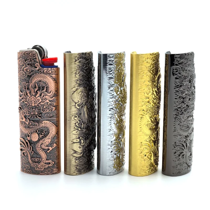 Cehyhd Metal Lighter Case Cover Holder Vintage Dragon Engraving for BIC Full Size Lighter J6 (Silver)