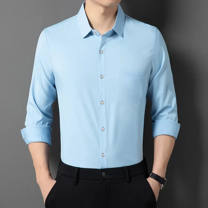 

T424 Men's Business Casual Solid Color Long Sleeved Shirt Non Ironing Comfortable Top