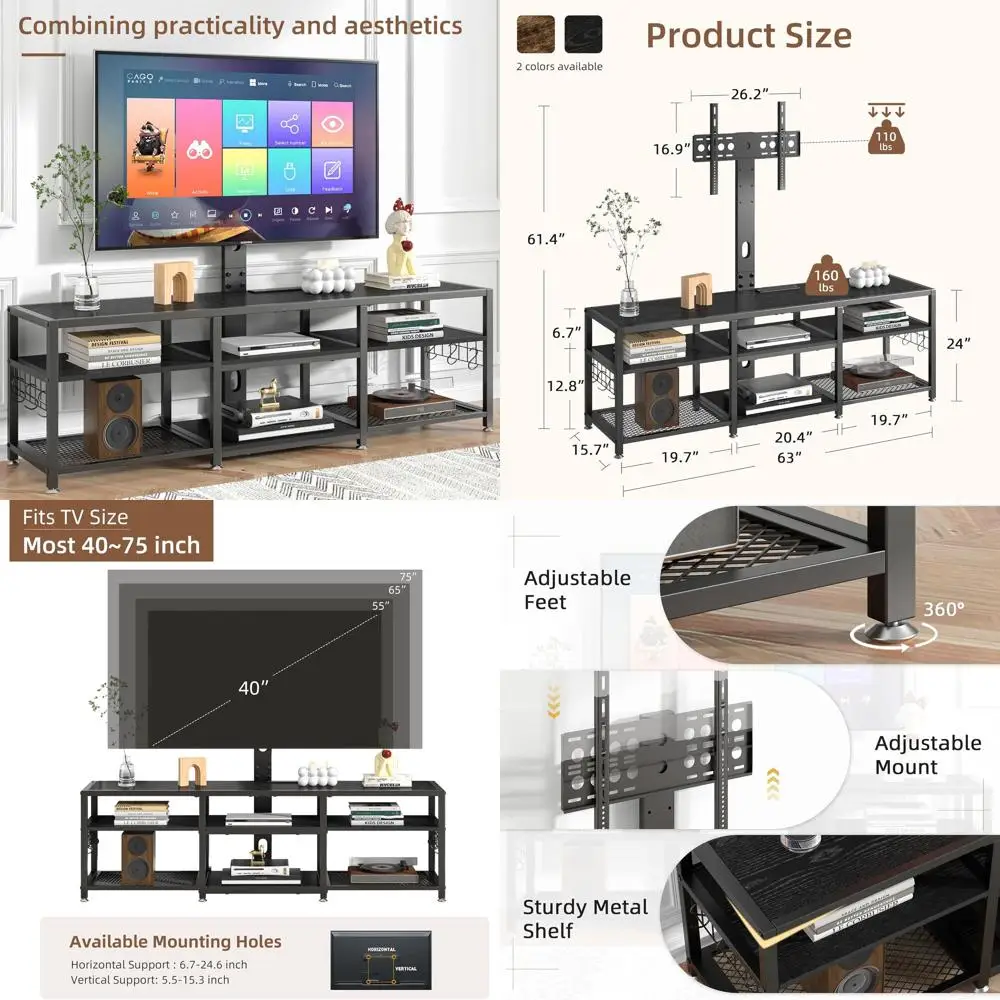 Modern Black Entertainment Console with Adjustable Mount and Power Outlets, 63 TV Stand with Open Shelves for Living Room
