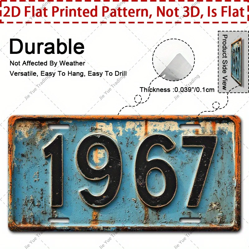 2D-Flach, 2D-Flach Vintage 1967 Metallschild - 30,48 cm x 15,24 cm Vintage-Wanddekor mit vorgebohrten Löchern, wetterfeste Ku