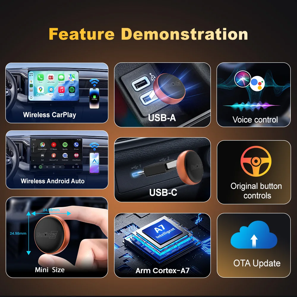 Adaptador Inalámbrico CarlinKit 2 en 1 para CarPlay y Android Auto, WiFi 5GHz, CarPlay Inalámbrico, Caja Inteligente para Sistemas de Auto, Plug and Play
