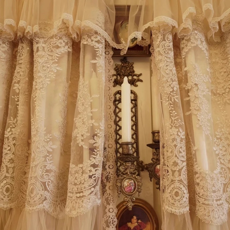 Luxury European Beige Lace Embroidered Pleated Blackout Curtains for Living Room Bedroom French Style Integrated Valance Drapes