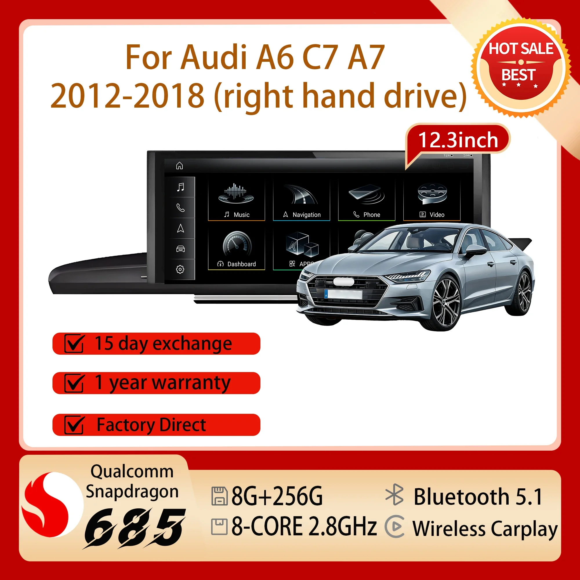 12.3'' Right Hand Drive Touch Screen Carplay GPS Navi Android 14 Car Radio Snapdragon 685 Wireless For Audi A6 C7 A7 2012-2018