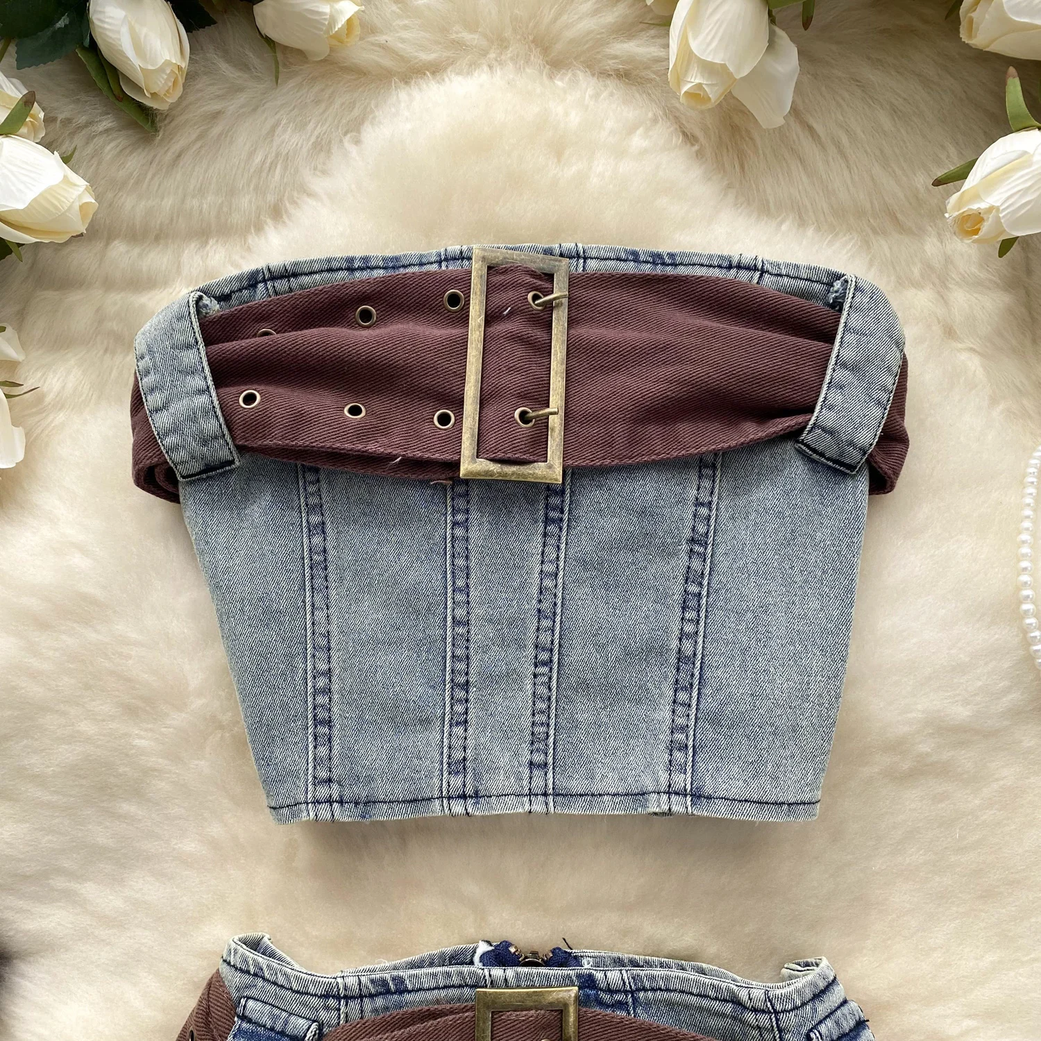 Women Denim Jeans Skirt Set Strapless 2 Pieces Matching Jean Suit Youth Woman Girls Short Style Tops Mini Skirts Costumes