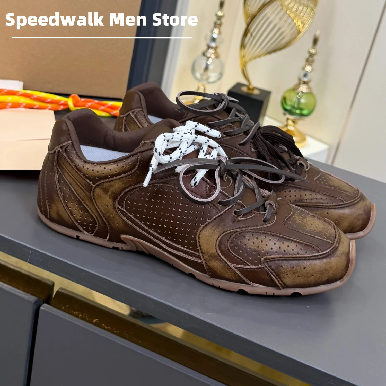 Men Distressed Washed Leather Retro Sneakers Perforated Breathable Dual Lace Up Anti Slip Rubber Sole Daily Jogging Casual Shoes