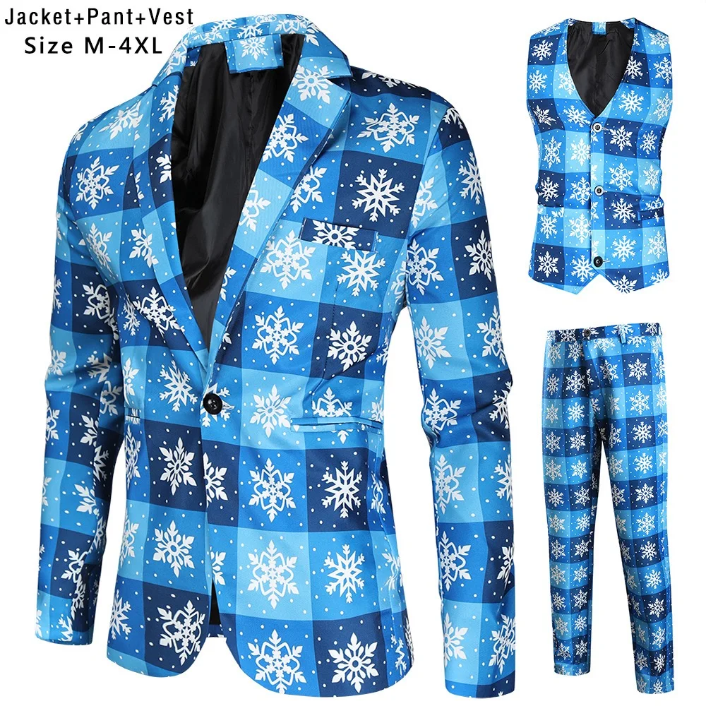 Suit for Men Christmas Day Party Prom Slim Fit 3 Pieces (Blazer+Vest+Trousers)Xmas Tree Print Dress Up Male christmas Suits Sets