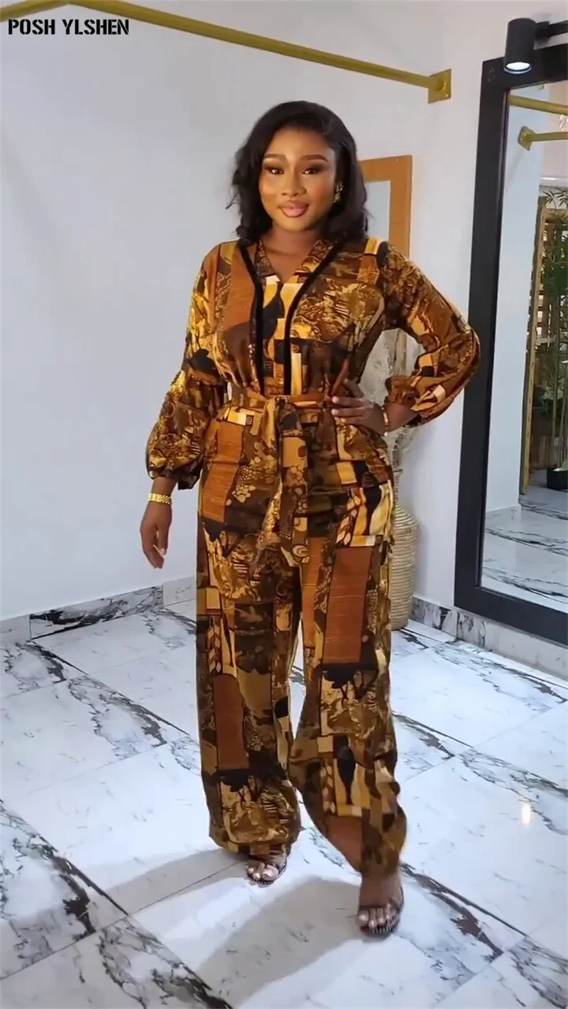 Belt African Clothes for Women 2024 Spring Plus Size Ankara Dashiki 2 Piece Set Print Outfits Fashion Tops Pants Trousers Suits