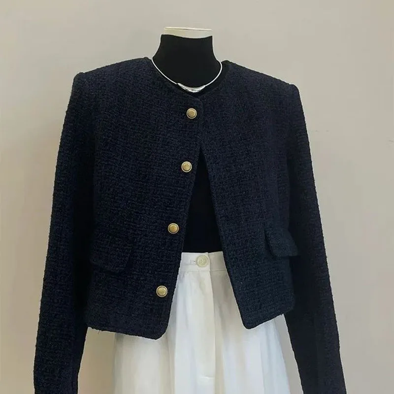 Herbst Winter Neue Damen Tweed-Jacke Koreanische Mode Metallknöpfe Kurze Oberbekleidung Eleganter Rundkragen Schwarzer Kurzmantel