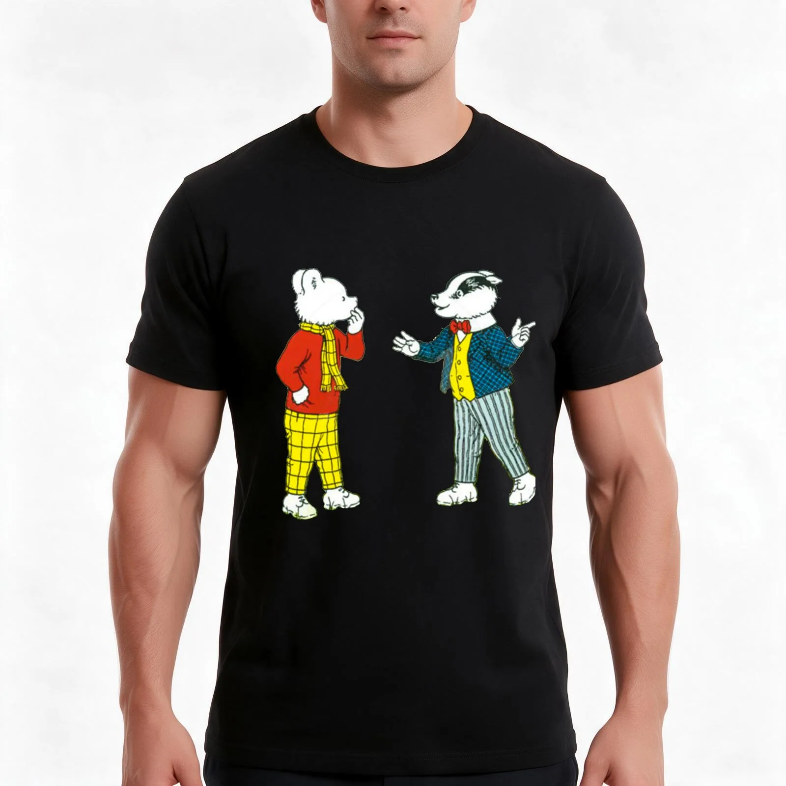 Rupert bear and bill badger T-Shirt, Summer Casual Cotton Tee, Oversized Streetwear Tops, Vintage Graphic Print, 100% Cotton