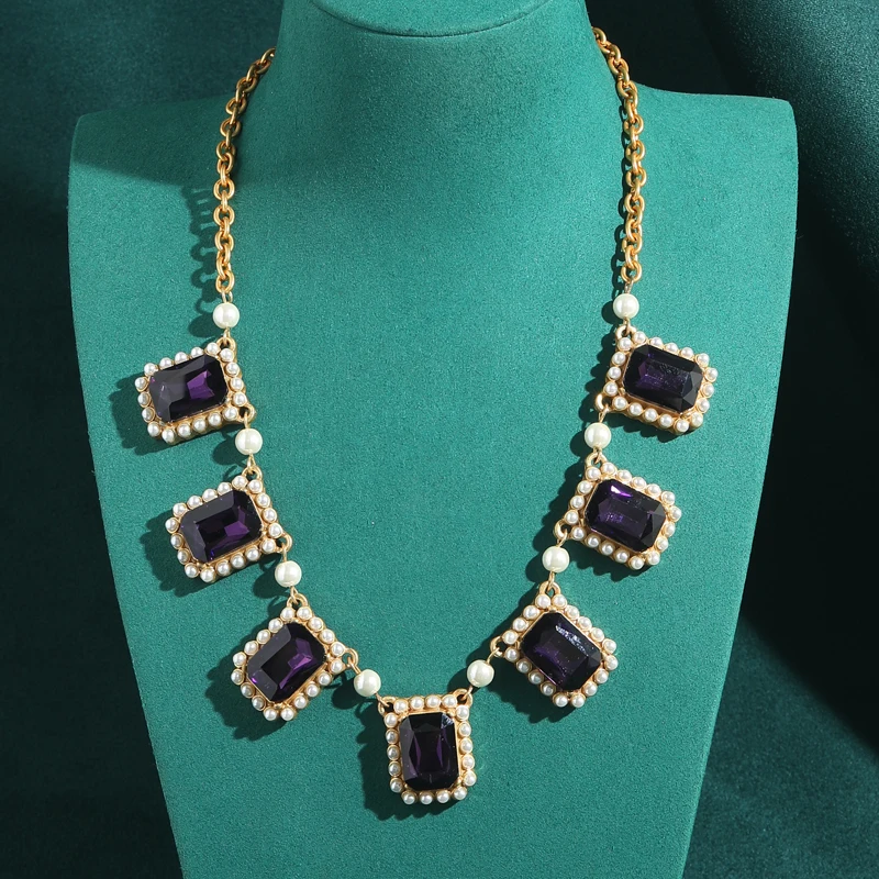 

Vintage Square Amethyst Choker Necklace Purple Crystal Pearl Charm Accessories For Women Party Luxury Designer Jewelry 2025 New