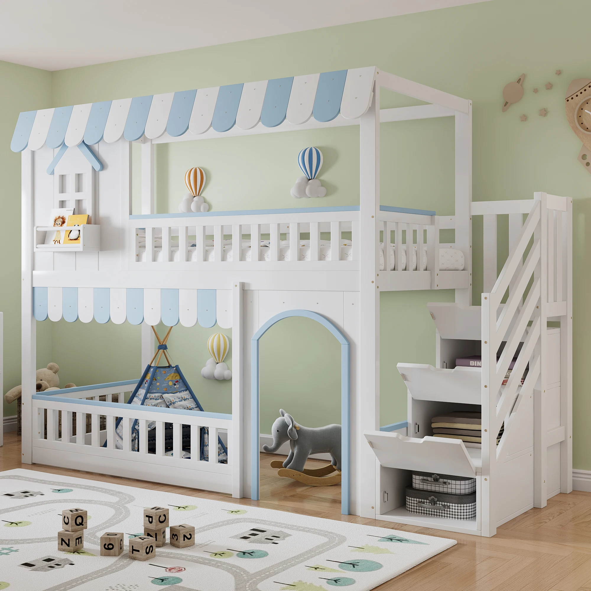 Lit superposé enfant 90x200 cm, avec échelle de rangement, fenêtres et détails décoratifs, sommier stable, blanc et bleu