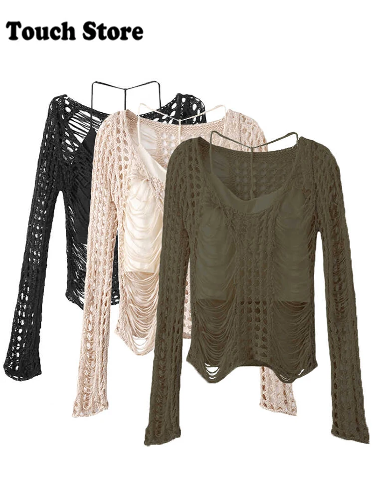 Woman Baddie Style Sweater Tops Dark Academia Goblin Core Long Sleeve Two Piece Sets Hollow Out Pullovers Knitwears Y2k Grunge