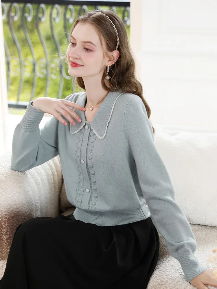 I BELIEVE YOU Blue Lace Long Sleeved Pullover Sweater Knitted Fall Clothes 2024 Women Office Lady Basics O-Neck Tops 2244125774