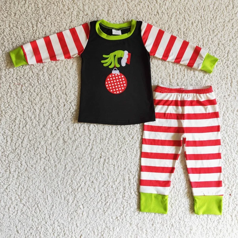 New Christmas Boys Girls Embroidered Hand Red Striped Long Sleeve Pants Set Wholesale Boutique Children Clothing RTS