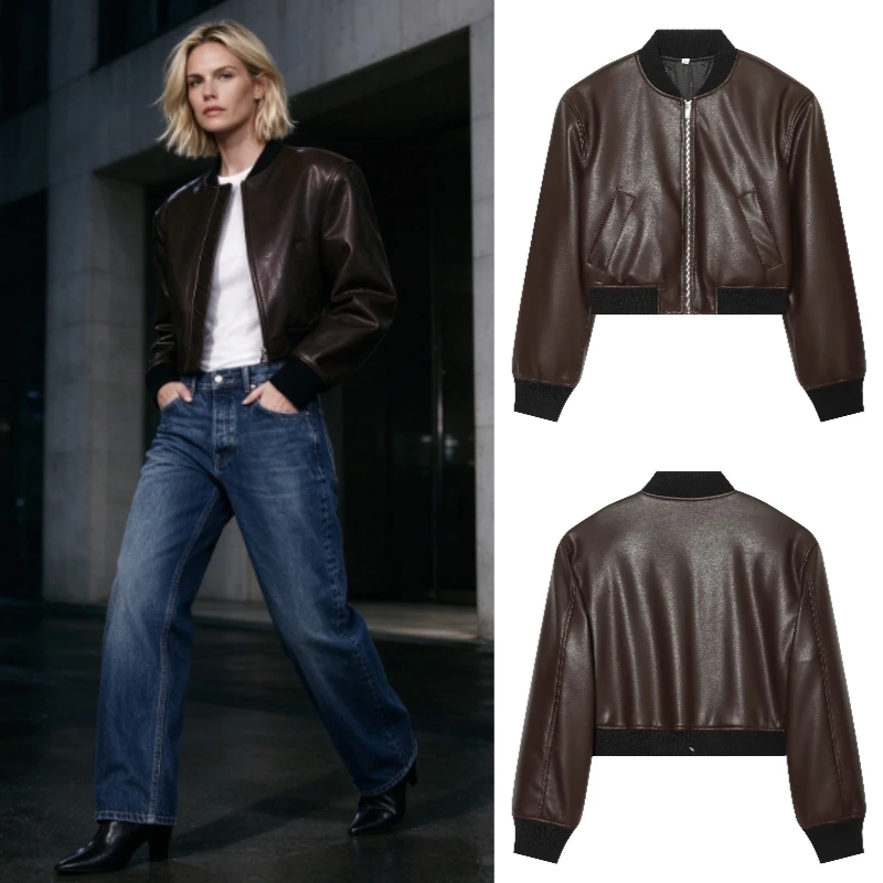 Women's Pilot Jacket 2026 Fall European Fashion Faux Leather Short Street Retro Brown Stand Collar Zipper Casual Coat