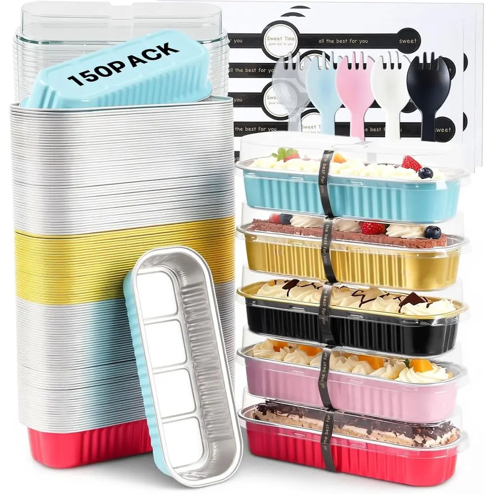 

150 Pack Mini Loa Pans with Lids and Spoons, 6.8oz Mini Cake Pans + Spoons + stickers Set, Small Cake Containers With Lids, Recu