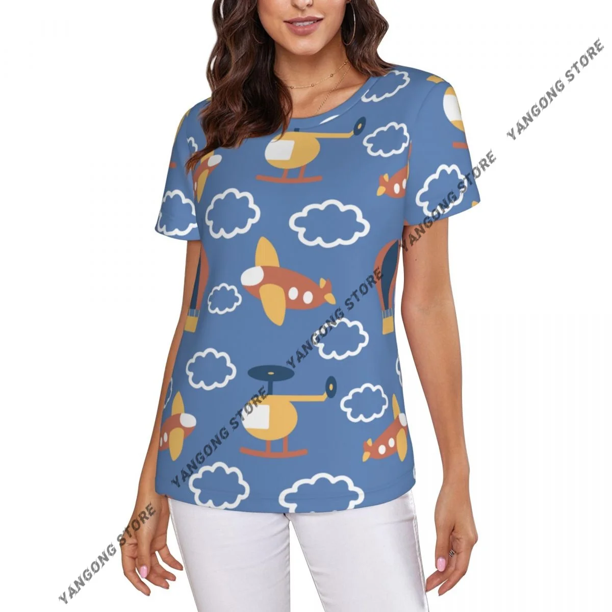 Women Short Sleeve Top Balloons And Airplanes T-shirt Fashion Summer Female Tops Loose Round Neck T Shirt