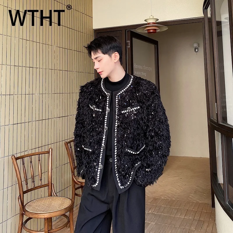 WTHT Fashion Men's Splcied Sequins Striped Contrast Color Coats Trendy 2025 Autumn American Style O-neck Jackets Male 2A1975