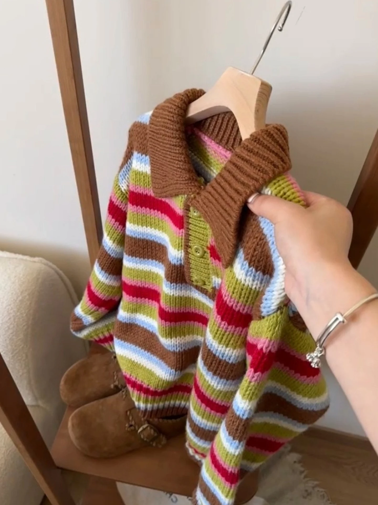 

Color Blo Long Sve вязаный свитер модный ленивый Sle полосатый узор женский для поездок на работу модный средний мягкий корейская версия