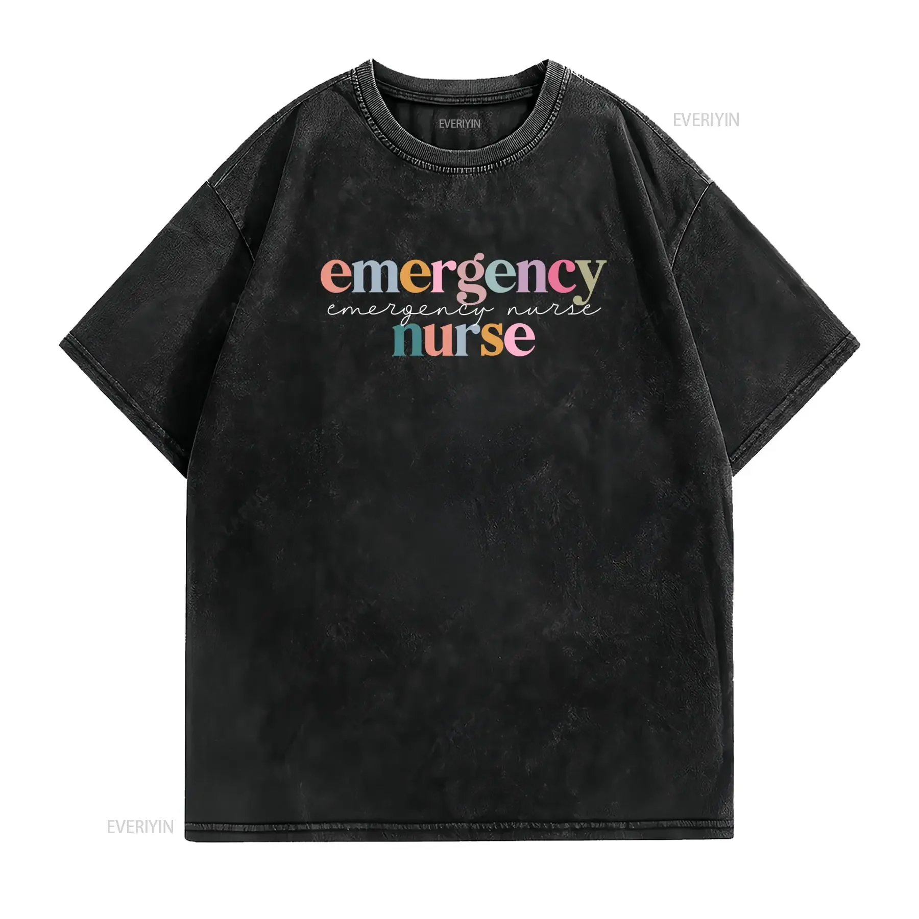 Retro Colorful Emergency Nurse Lettering Print Casual T Shirt vintage Washed Top For Everyday Wear Stretched fashion Soft