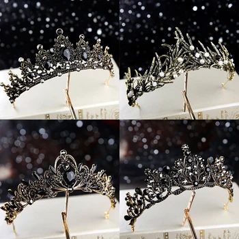 Crystal crowns for women queen black crown tiara wedding hair accessories for bride luxury diamante gothic headpiece 2023
