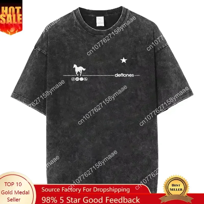 Ohms White Pony Deftones Rock Band T-Shirt Men Women Women Vintage Washed Tee Harajuku Gothic Summer Casual Streetwear Top Hip H