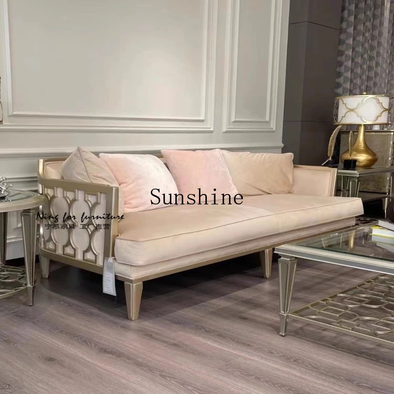 

American solid wood three-person sofa living room light luxury curved fabric hollow leisure chair