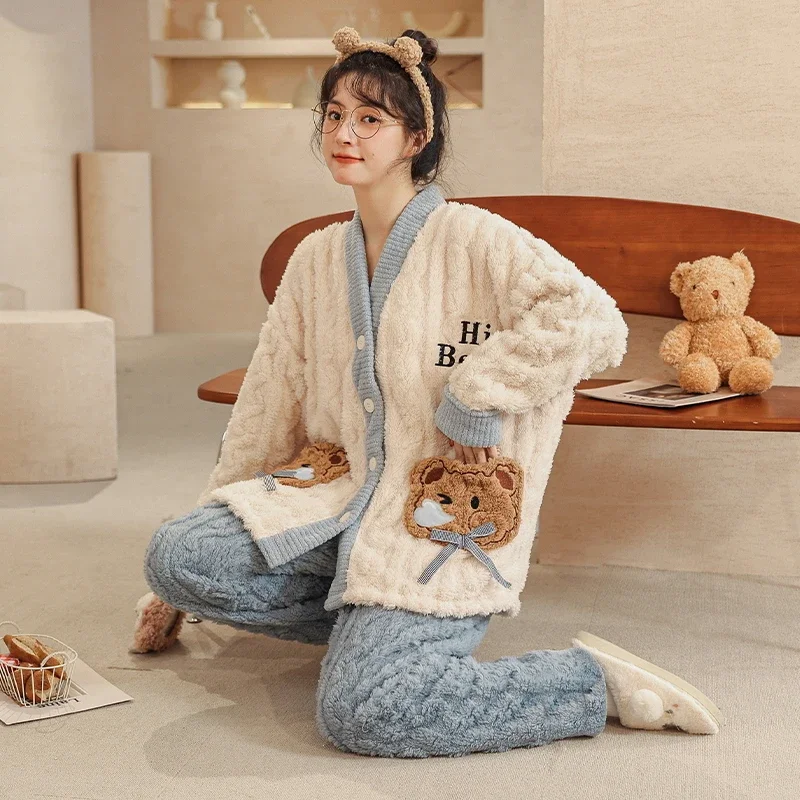 Veivet Large Size Bear Pajamas Sets Women Winter Long Sleeves Long Pants Warm Sleepwear Cute Pyjamas Soft Pijamas Girls Pjs Cozy