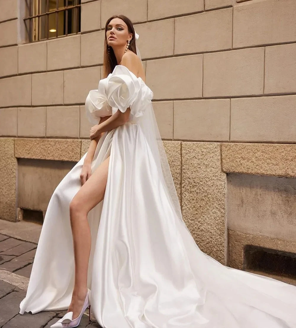 Robe De mariée occidentale élégante pour femmes, épaules dénudées, fente en Satin, Sexy, superbe, personnalisée sur mesure, 2023