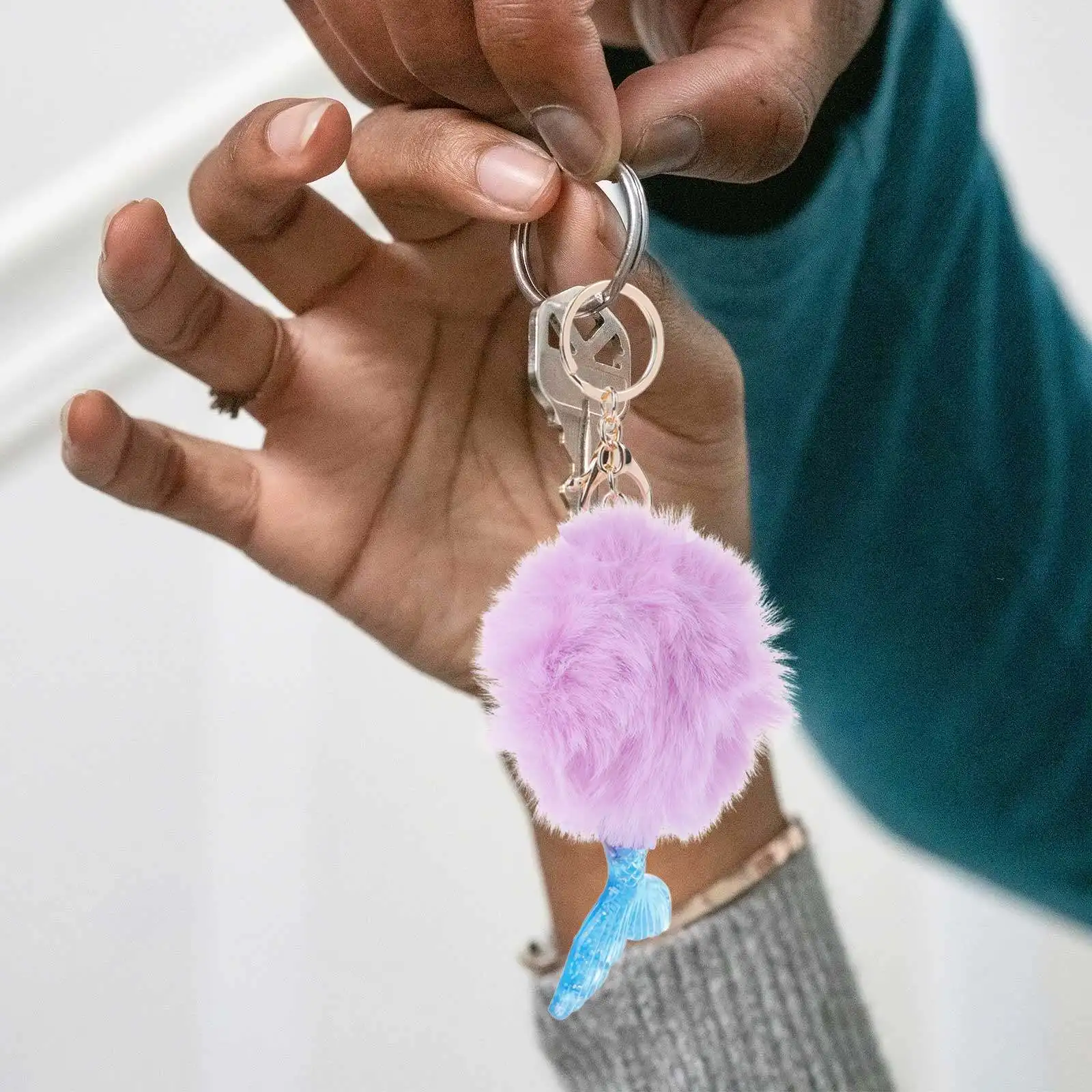 

Beautiful Purple Hair Ball Keychain Creative Mermaid Shape Hanging Ornament for Bag Belt Loop Mini Backpack Hook Gift for Girls