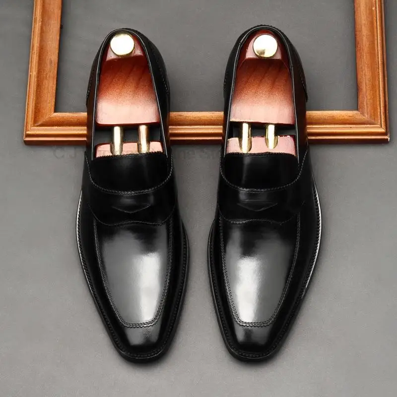 HKDQ Autumn Handmade Genuine Cow Leather Black/Red Slip-On Dress Italian Wedding Men Formal Business Work Office Oxford Shoe