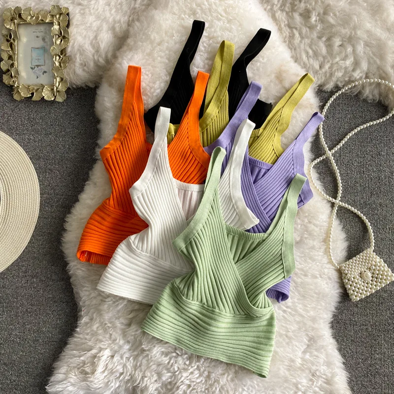 

J618 Прямая поставка, красивые женские топы-трубы, вязаный жилет с v-образным вырезом и высокой талией, короткий облегающий топ на бретельках, сексуальный