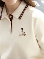 I BELIEVE YOU Polo Neck Long Sleeved T-shirt for Women Autumn 2025 Apricot Casual Tees Contrast Color Embroidery Top 2253016181 - Image 3