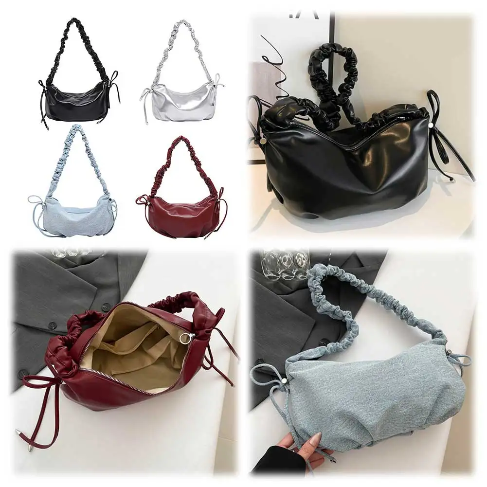 

Bow Purse for Women Ruched Hobo Bag PU Leather With Inner Pocket Dumpling Bag Zipper Closure for Work Travel