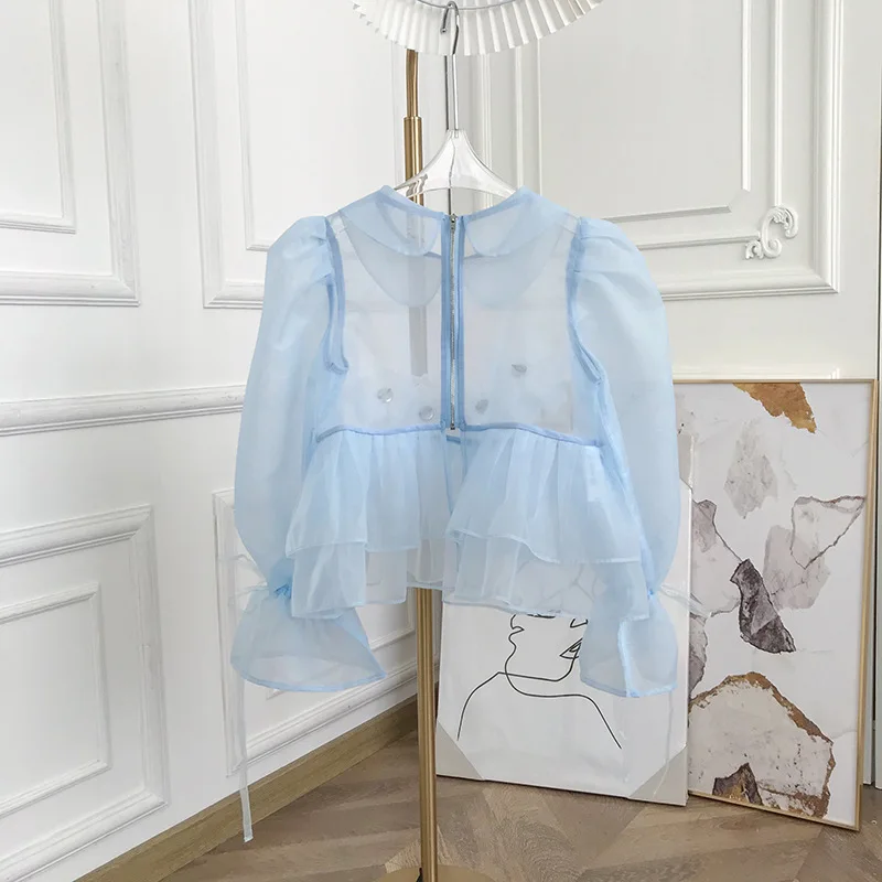 2023 Summer New Organza 3D Flower Blouse for Women Puff Sleeve Ruffled Shirt Perspective Fashion Elegant Top Camisas Mujer Y3962