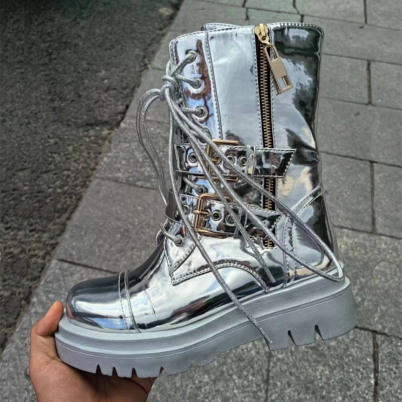 2026 Silver Belt Buckle Cross Strap Rhinestone Short Boots Casual Motorcycle Thick Sole Knight Boot Women Winter Silver Shoes